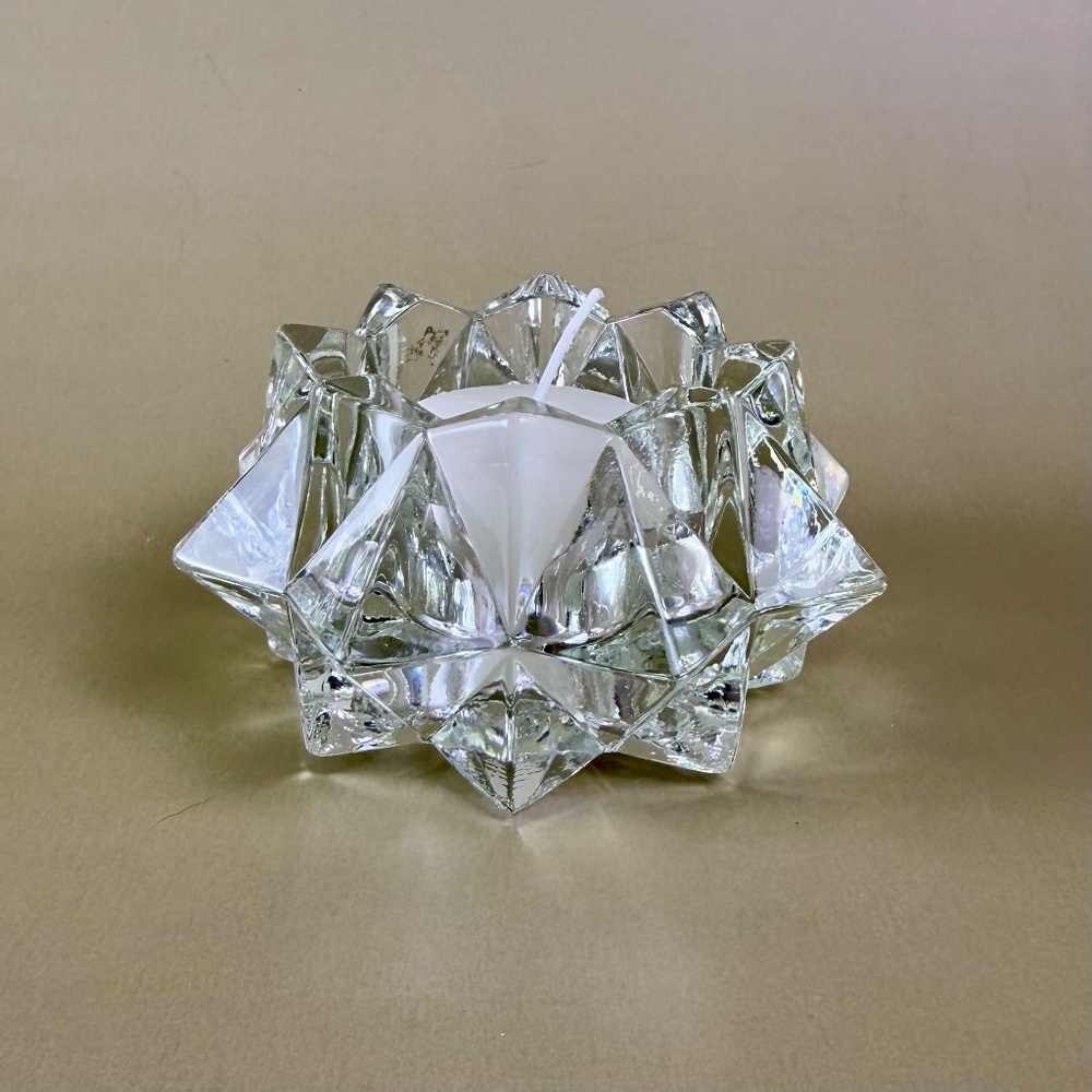 Vintage AVON Starburst Cut Glass Votive Candle Holder | Geometric Pressed Glass